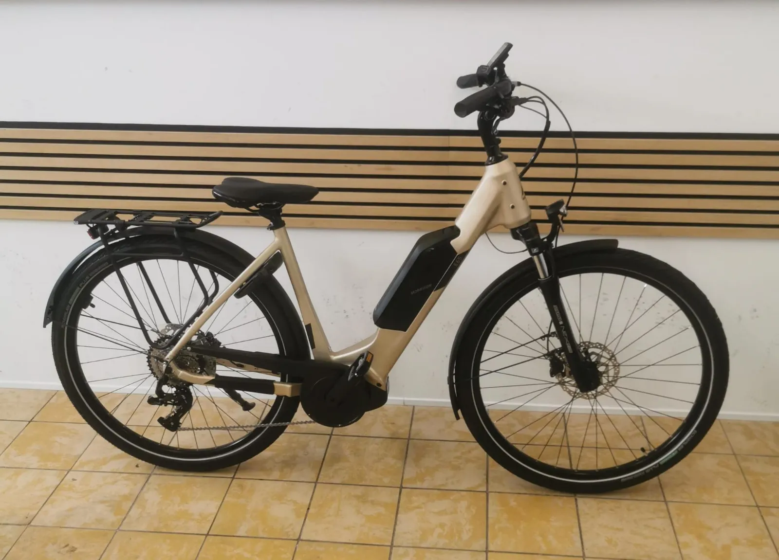 Morrison E-Bike in Champagner mit tiefem Einstieg, Mittelmotor, Gepäckträger und Schutzblechen